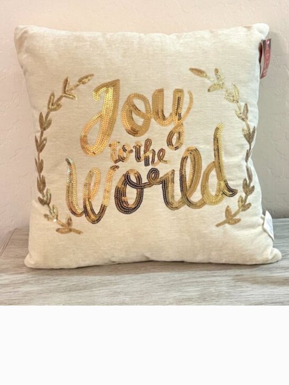 New Christmas Throw Accent Pillow Joy To The World Ivory Velour Gold Sequin Glam